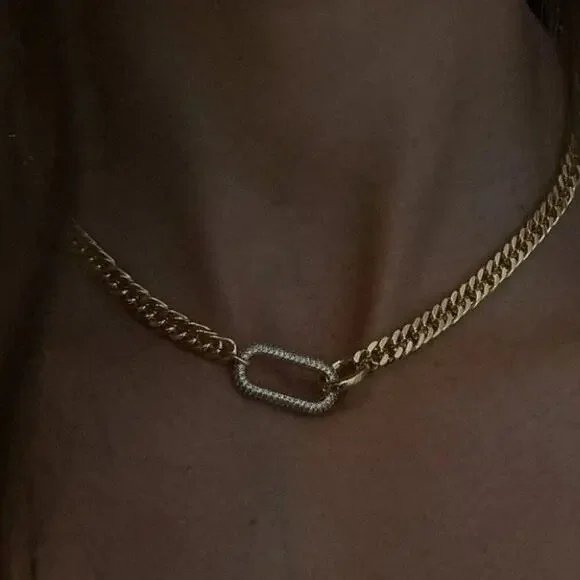 Gold Zircon Rectangular Charm Necklace Chain Link - Picture 8 of 11